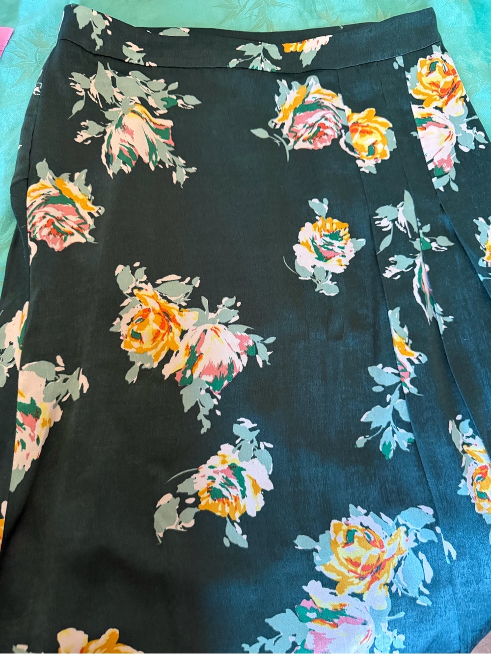 Halogen green pleat detail midi Skirt with Yellow & Pink Floral Print